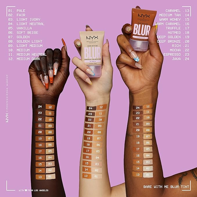 NYX PROFESSIONAL MAKEUP Bare With Me Blur Skin Tint Foundation Make Up with Matcha, Glycerin & Niacinamide - Nutmeg