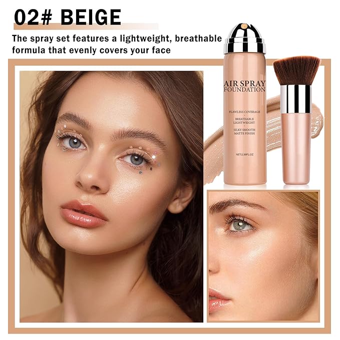NVLEPTAP Airbrush Foundation Makeup Spray Silky Lightweight Full Coverage Foundation Face Air Cushion Foundation Set with Soft Makeup Brush - 02 Beige
