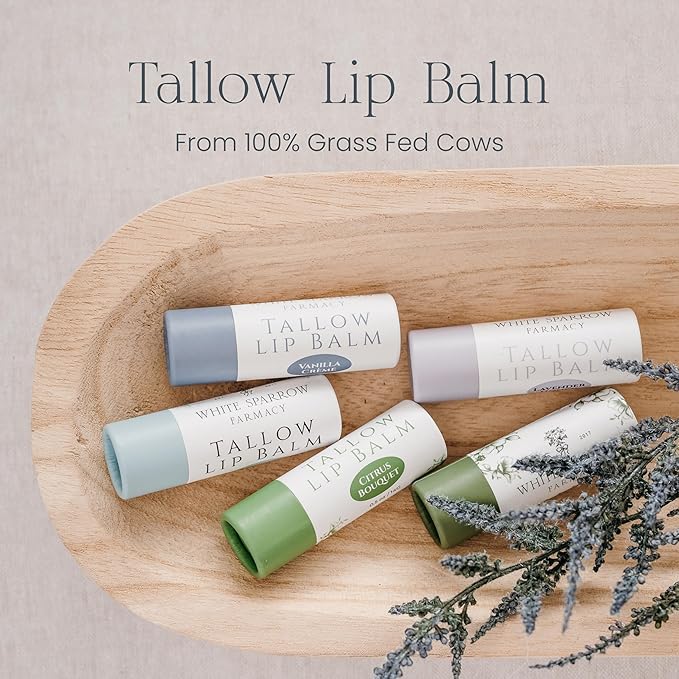 Organic Tallow Lip Balm (Unscented) from Grass Fed Cows. Super hydrating with Tallow, Olive Oil, Honey, and Beeswax. Sustainable Cardboard Tubes & Hand Filled. Jumbo Size 0.5 oz.