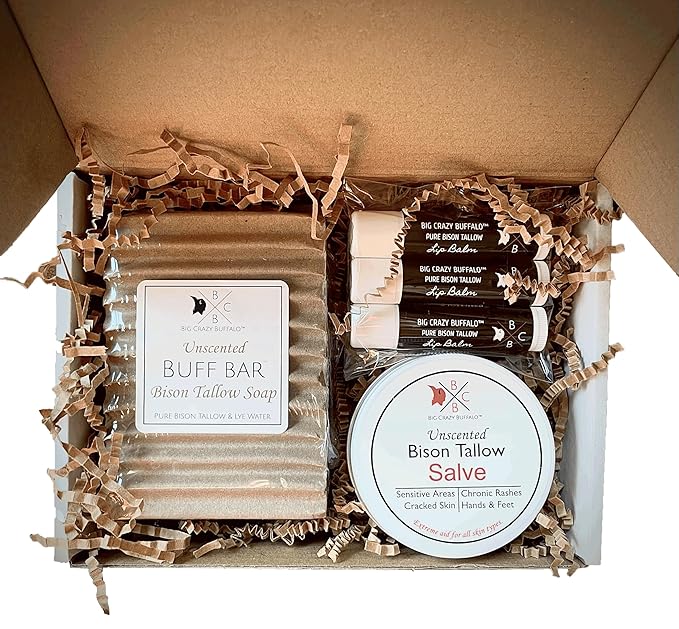 Pure Bison Tallow Unscented Gift Set - Buff Bar, Salve, & 3 Unscented Lip Balms - Cleans, Moisturizes, Soothes, Naturally Derived - No Dyes, Chemicals, Fragrances, or Preservatives