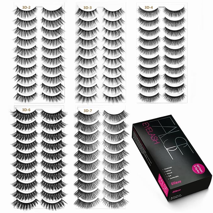 Eliace Eyelashes, (50 Pairs,5 Styles) Luxurious Faux Mink Lashes Natural Look Wispy Fluffy Handmade Cat Eye False Lash Pack, False Eyelashes Set, Fake Lashes Strips, Makeup Fake Eyelashes Pack