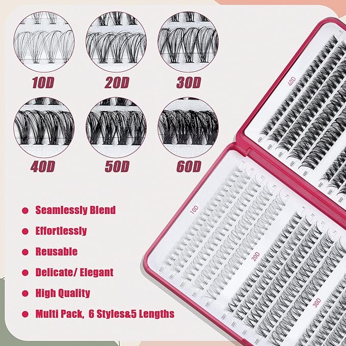 Lash Clusters 600PCS Lashes - Wispy Lash Clusters 10D 20D 30D+40D50D60D Individual Lashes Clusters D Curl Lash Extension 8-16MM Eyelash Clusters DIY Cluster Eyelash Extensions for Beginners Eyelashes