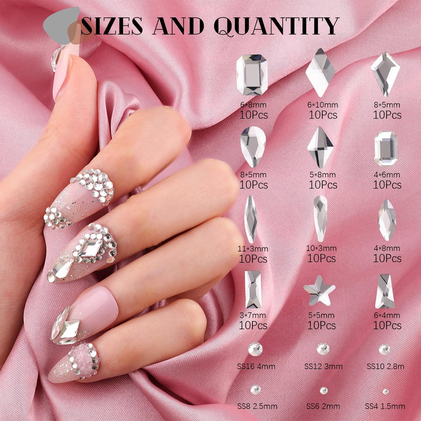 3220Pcs Silver Clear Nail Rhinestones 120Pcs Multi Shapes Glass Flatback Nail Gems + 3100Pcs 1.5-4mm Round Crystal with Rhinestones Glue Gel, Manicure Nail Charms Diamond Gemstones for Nail Art
