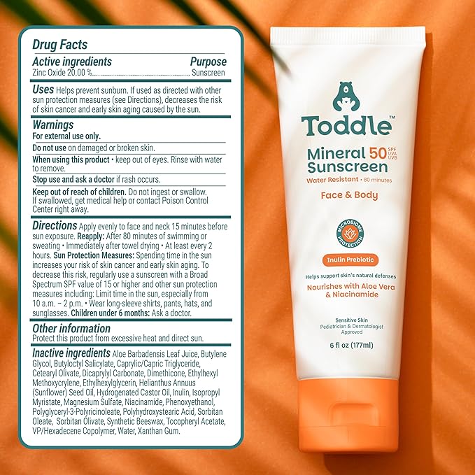Prebiotic Mineral Sunscreen SPF 50 for Kids & Baby, Face & Body Sun Protection, Reef Safe, Non-Toxic Zinc Oxide Broad Spectrum, Water-Resistant, No White Cast, Travel Size 1.7oz