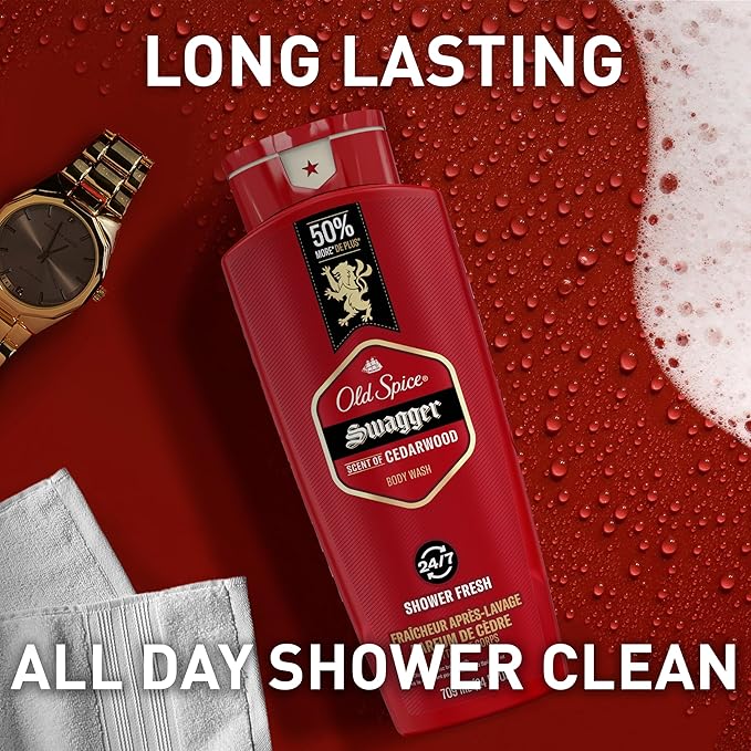 Old Spice Body Wash for Men, 24/7 Shower Fresh with Lasting Scent, Red Collection, Swagger with Cedarwood Scent, 24 fl oz (Pack of 2)