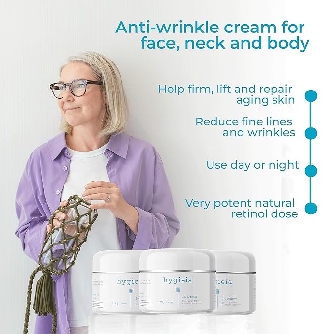 Hygieia + Encapsulated 2% Retinol Cream, 4oz – Liposomal Anti-Wrinkle Cream for Face, Neck & Body – Fast & Deep Cellular Absorption – Day or Night Cream for Firming, Lifting & Repairing Aging Skin