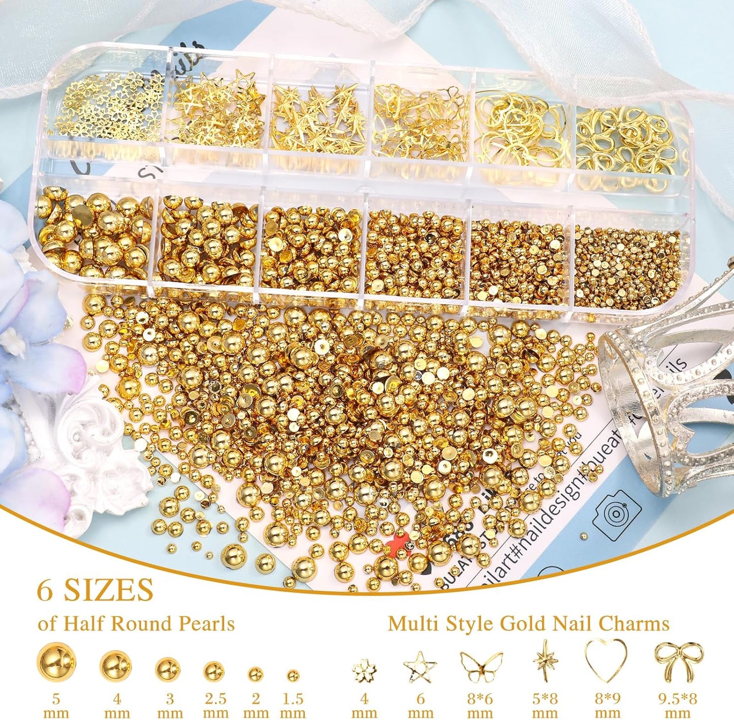 Cross Star Gold Nail Charms, 3D Cross Star Nail Charm Flower Bow Alloy Nail Art Charm, Gold Half Pearls Beads Gems for Nails Art Y2K Supplies