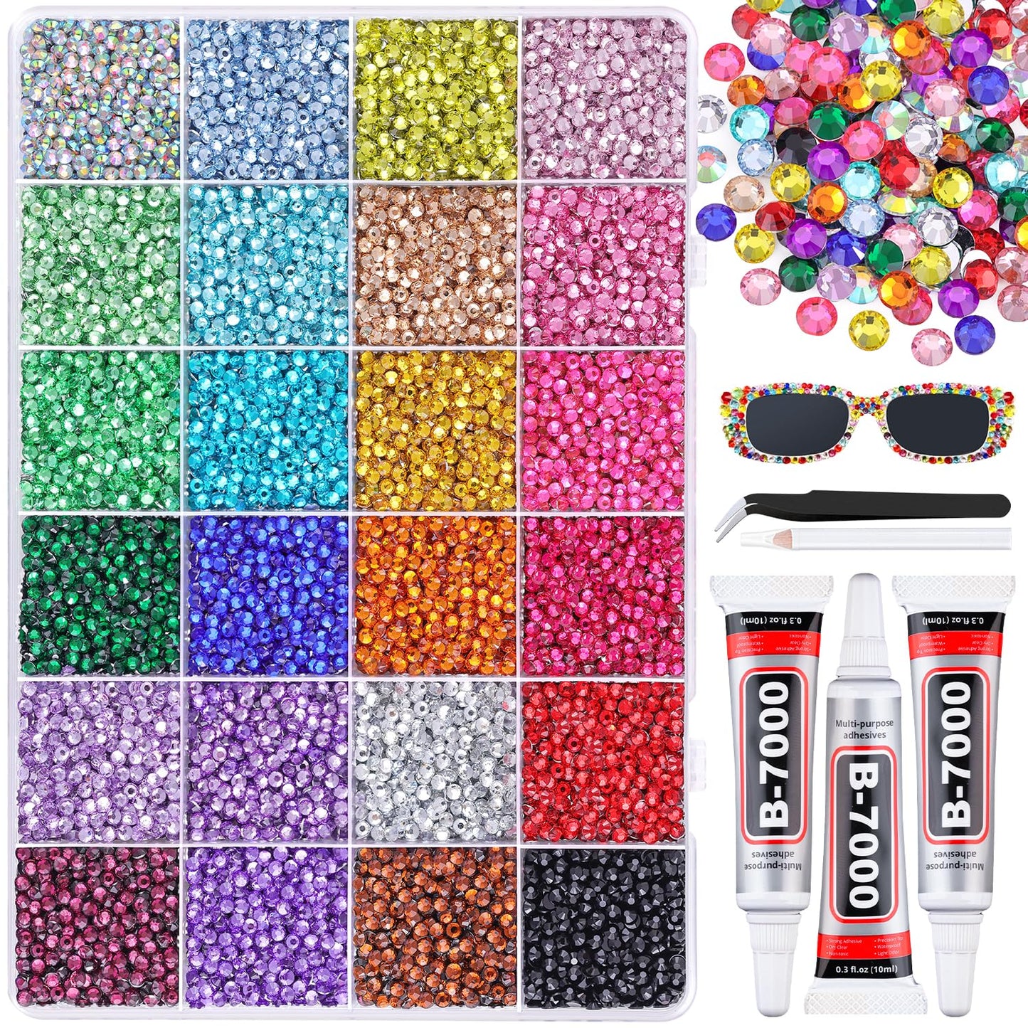 24000Pcs Resin Rhinestones for Bedazzling with 3Pcs B7000 Jewelry Glue, Multicolor 3mm Flatback Gems Rhinestones for Crafting, Clothing Tumblers Mugs Shoes Fabric Decor Nail Art