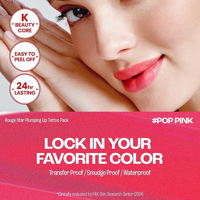 Rouge Star Plumping Lip Tattoo (0.17 oz) - 72-HR Long Lasting Waterproof Peel Off Lip Stain - Transfer-Proof, Non -Sticky Hydrating Matte Lip Tint Tattoo (Pop Pink)