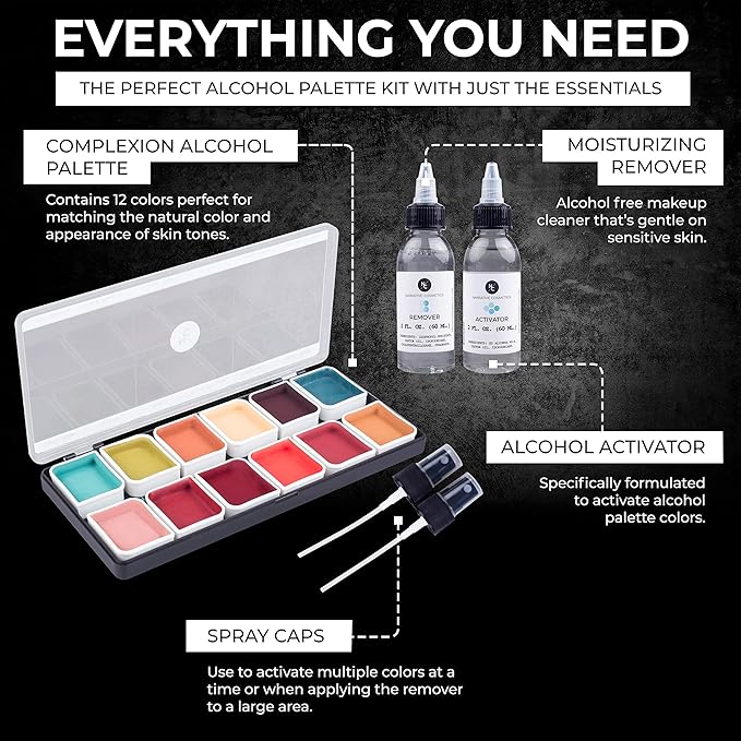 Complexion Alcohol-Activated Palette, Activator, and Remover Kit, Professional SFX Makeup Set