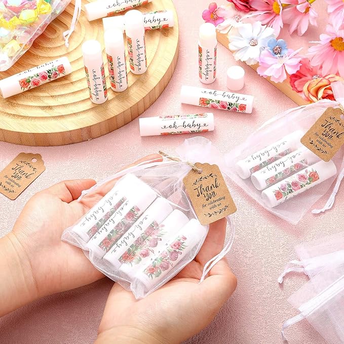 Demissle 50 Pcs Baby Shower Lip Balm Gift Set with 100 Pcs Organza Bags Baby Shower Party Favor for Guest Thank You Tag Rope Baby Shower Party Decoration Gender Reveal Souvenirs(Watercolor Flower)