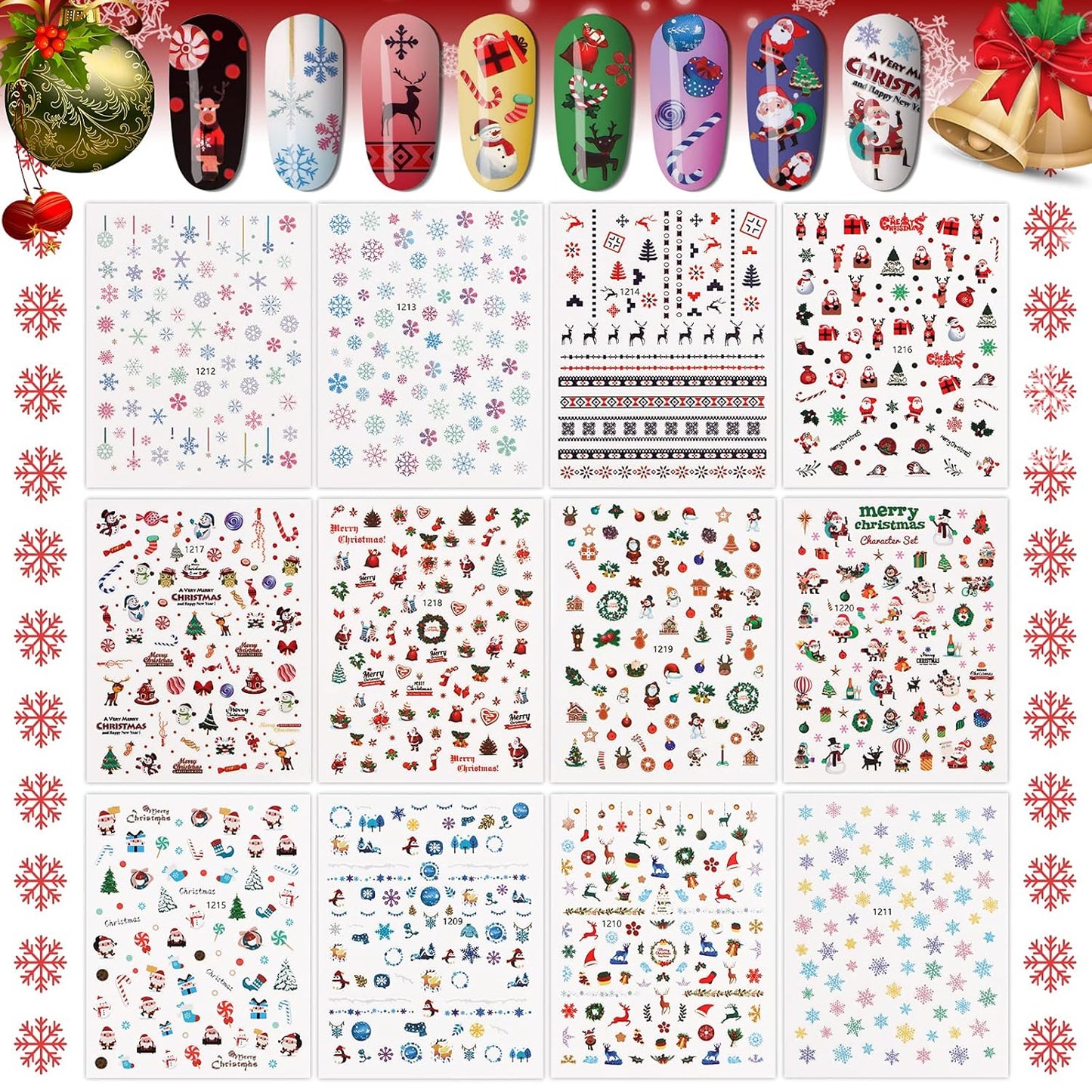1000+ Patterns Christmas Nail Art Stickers Snowflake 3D Self-Adhesive Nail Decals, Kalolary Snowflake Santa Claus Snowman Christmas Stick Elk for Christams Nail Decorations for Women Kids