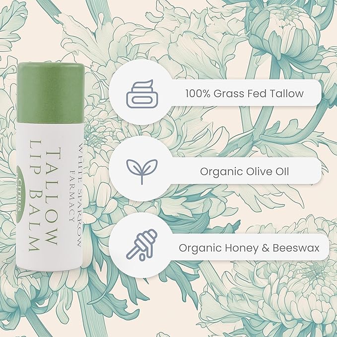 Organic Tallow Lip Balm (Citrus Bouquet) from 100% Grass Fed Cows. Super hydrating with Tallow, Olive Oil, Honey, and Beeswax. Sustainable Cardboard Tubes & Hand Filled. Jumbo Size 0.5 oz.