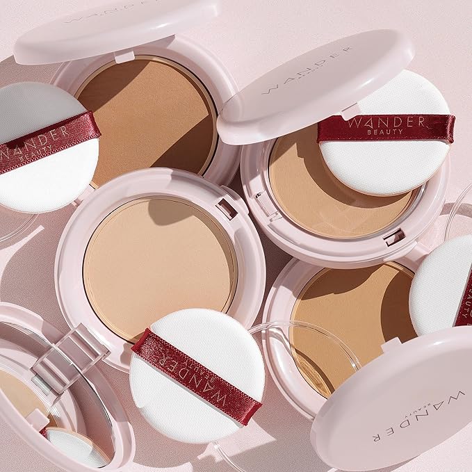 Wander Beauty Wanderlust Powder Foundation -Light Medium-Blurs and Evens Skin Tone-Perfects and Hydrates With Hyaluronic Acid, Aloe,Honeysuckle, & Vitamin E -Lightweight, Buildable Coverage - 0.31 oz