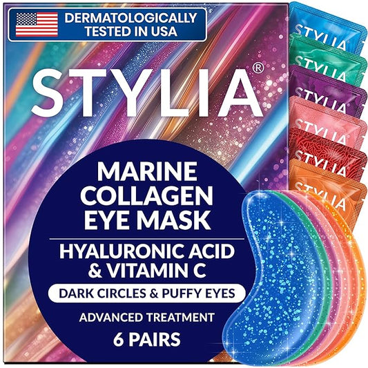 Stylia Under Eye Patches for Puffy Eyes and Dark Circles (6 Pairs) - Marine Collagen Under Eye Mask with Vitamin C, Hyaluronic Acid, Pearl Extract - Eye Masks for Dark Circles and Puffiness