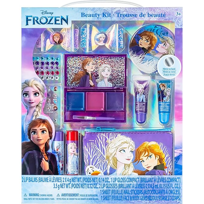 Disney Frozen - Townley Girl Super Sparkly Cosmetic Beauty Makeup Set For Girls with Clips, Lip Gloss, Nail Stickers, Lip Balm, Nail Gems and Mirror For Parties, Sleepovers & Makeovers