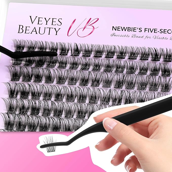 VEYESBEAUTY Lash Clusters Individual Eyelash Extensions Thin & Invisible Band DIY False Eyelashes for Self-application Newbie's Five-Second Series Wispy Lash Tray, Boldeye 8-16mm Mixed Length