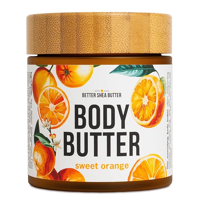 Sweet Orange Body Butter - Raw Shea Butter with Jojoba Oil, Orange Vanilla Body Lotion Scented with Essential Oils, No Synthetic Fragrances, Full Body Moisturizer for Dry Skin