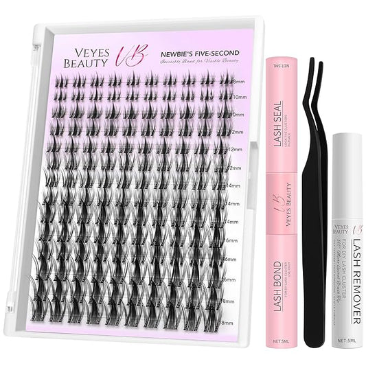 VEYESBEAUTY Lash Clusters Kit Eyelash Extensions Thin & Invisible Band DIY Individual False Eyelashes Newbie's Five-Second Series Wispy Lash Tray for Self-application, Manga Lash 8-18mm Mixed Length