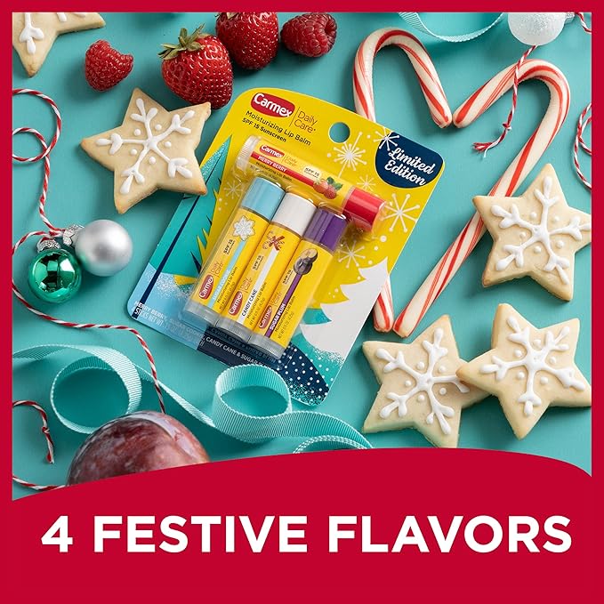 Carmex Daily Care Moisturizing Lip Balm Limited Edition Holiday Stick Pack in Sugar Plum, Candy Cane, Sugar Cookie and Merry Berry - 0.15 OZ each, 4 count (Pack of 2)