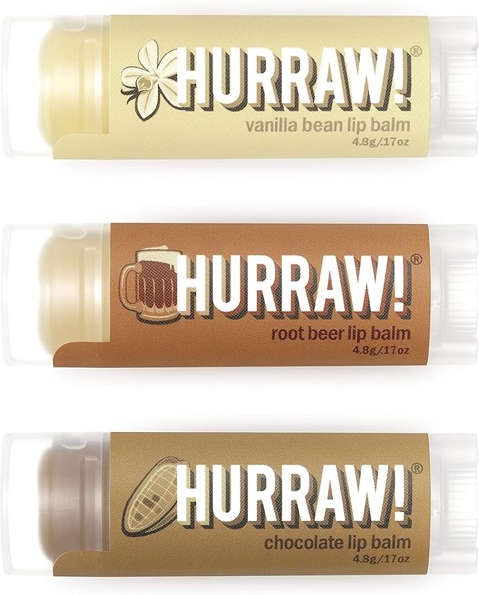 Hurraw! Vanilla Bean, Root Beer, Chocolate Lip Balms, 3 Pack Bundle: Organic, Certified Vegan, Cruelty and Gluten Free. Non-GMO, 100% Natural Ingredients. Bee, Shea, Soy and Palm Free. Made in USA