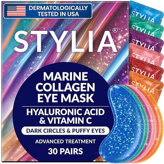Stylia Under Eye Patches for Puffy Eyes and Dark Circles (30 Pairs) - Marine Collagen Under Eye Mask with Vitamin C, Hyaluronic Acid, Pearl Extract - Eye Masks for Dark Circles and Puffiness