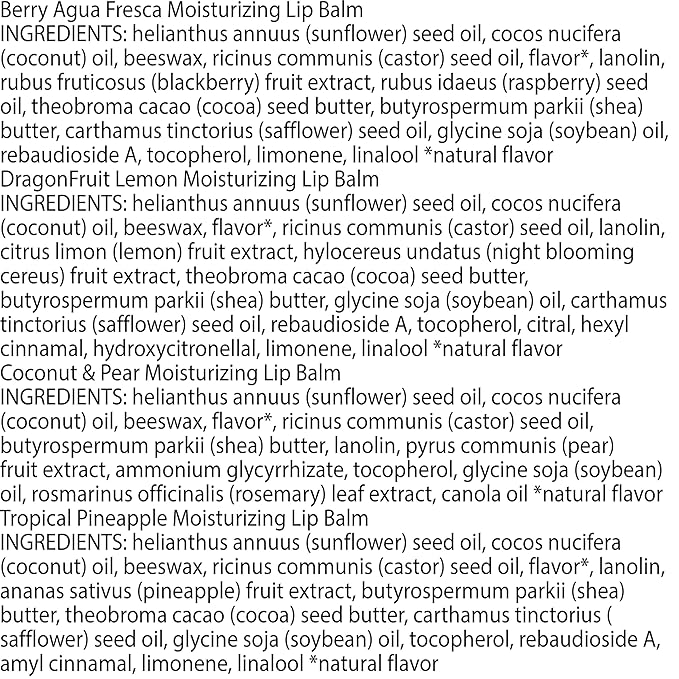 Burt's Bees Lip Balm - Berry Agua Fresca, Dragonfruit Lemon, Coconut & Pear, Tropical Pineapple Pack, With Beeswax, Tint-Free, Natural Origin Lip Treatment, 4 Tubes, 0.15 oz.