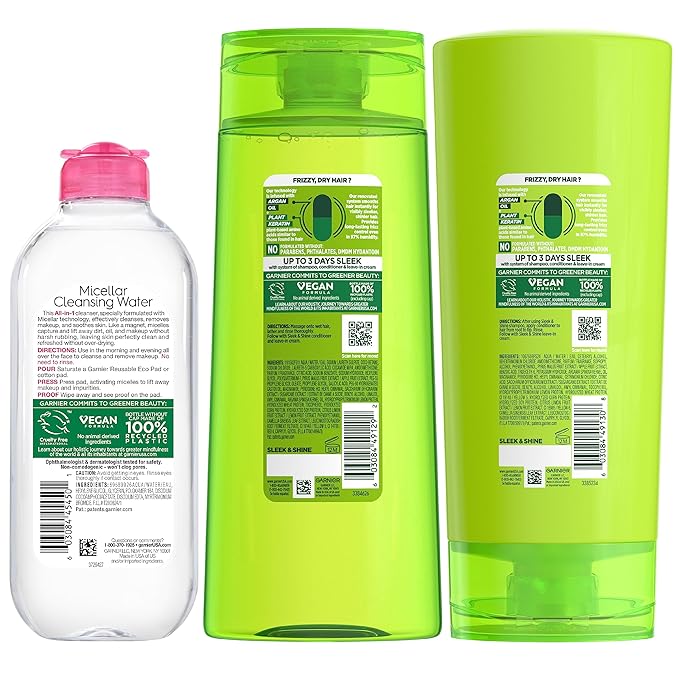 Garnier Back to School Bundle|Micellar Water (400mL) + Fructis Sleek & Shine Shampoo (22 Fl Oz), Conditioner (21 Fl Oz) (3 Items), 1 Kit (Packaging May Vary)